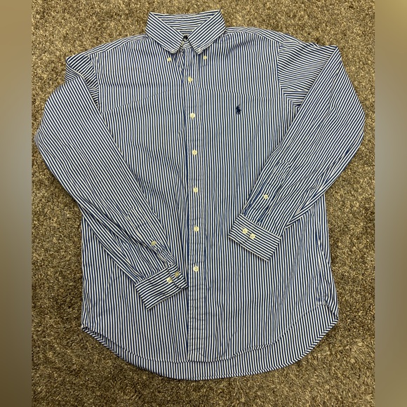 vintage ralph lauren shirt mens 15.5‎ medium blue white stripes button down 90s